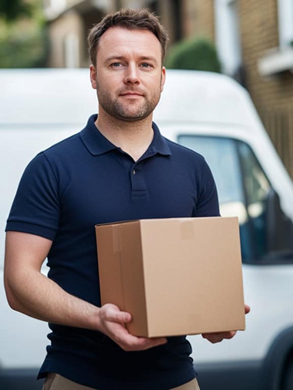 man wearing blue polo shirt holding a box