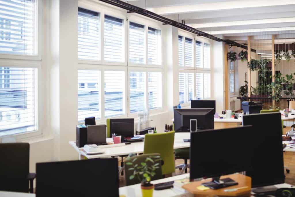An office with several computers during after-office hours