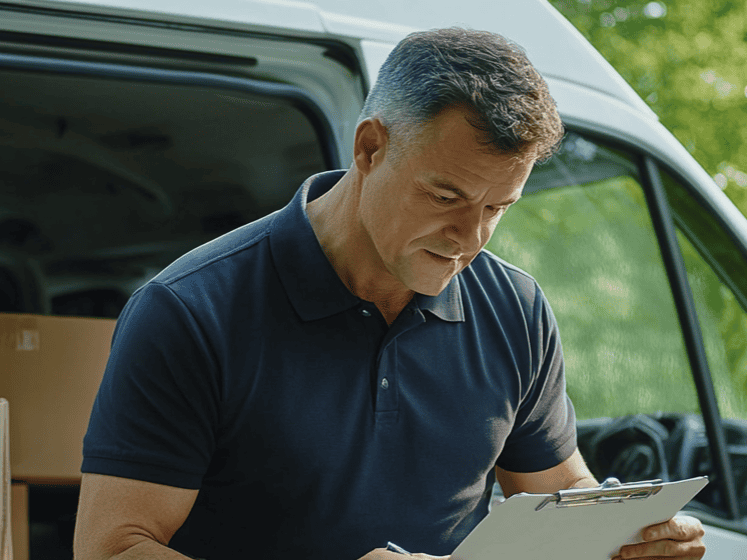 A man and van holding a clipboard outside the van during a moving day
